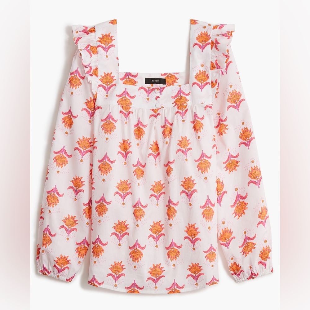 J. Crew White Square-Neck Ruffle Top Blouse with Pink & Orange Floral Print Sz M